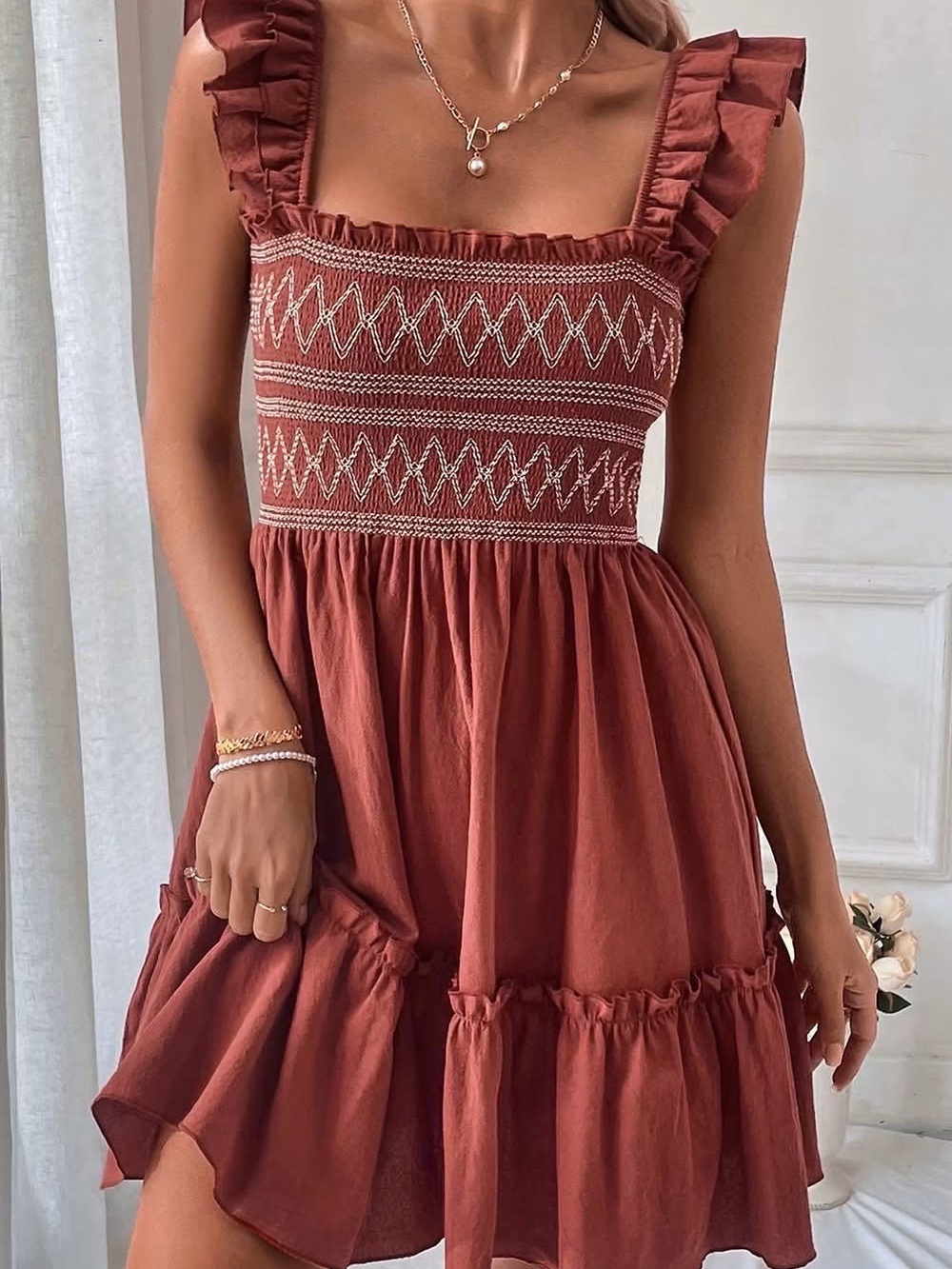 Smocked Ruffle Mini Dress in Brick Red